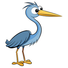 Goofy heron cartoon character with bright, round eyes stands playfully to the side