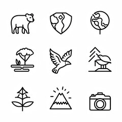 Set of nine minimalist nature and wildlife icons including animals, trees, a mountain, a flower, and a camera.