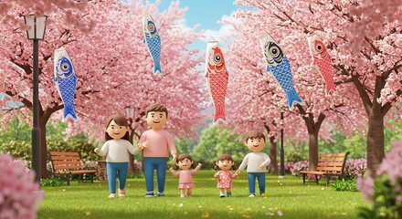 Happy Family Celebrating Spring Festival Under Cherry Blossoms