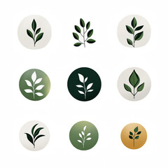 Obraz premium Minimalist circular icons featuring various stylized leaf and plant designs in different shades.