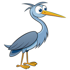 Cartoon heron with light blue feathers and a long yellow beak stands isolated