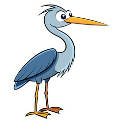 Cartoon heron with long yellow beak stands on white background, appearing watchful
