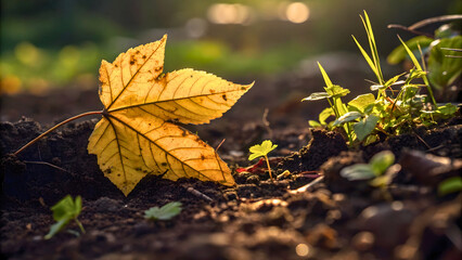 Golden Autumn Leaf on Earthy Forest Floor Under Sunlight