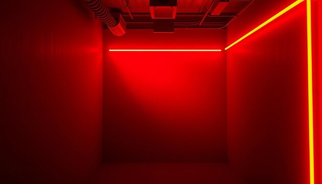 Intense red neon light illuminates a dark room, urban, technology