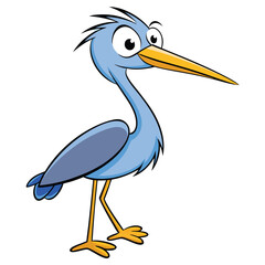 A blue cartoon heron with a yellow beak stands curiously on its yellow feet