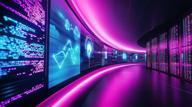 Modern server room hallway with holographic displays