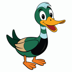 Cartoon mallard stands cheerfully, looking forward with a bright yellow beak and orange feet