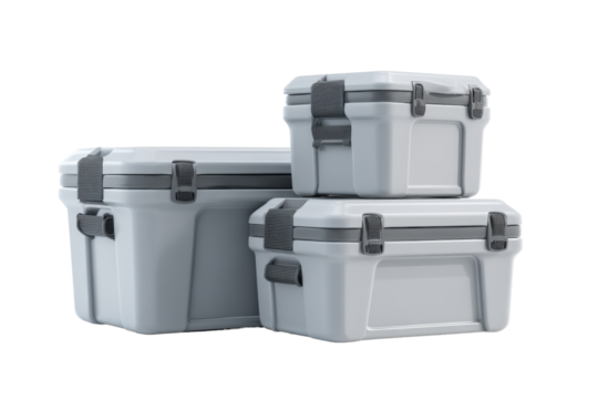 Stacked, gray, cooler boxes isolated on transparent PNG background