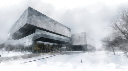 Modern Architecture in Winter Concrete Building in Snow.