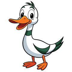 Happy cartoon duck with an orange beak is standing and smiling cheerfully
