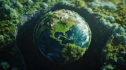 Earth nestled within a lush, vibrant green forest.  A beautiful, detailed illustration of our planet, surrounded by nature