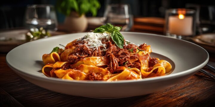 Delicious Pappardelle Pasta with Rich Beef Ragu on Wooden Table by Candlelight