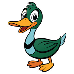 Cheerful cartoon duck with green feathers and orange beak stands smiling against plain background