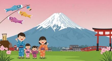 Obraz premium Happy Family Celebrating in Japan with Mount Fuji