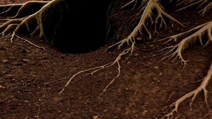 Tree root system extends across brown earth, showcasing a network of interconnected roots and a cavernous space beneath the surface - Powered by Adobe