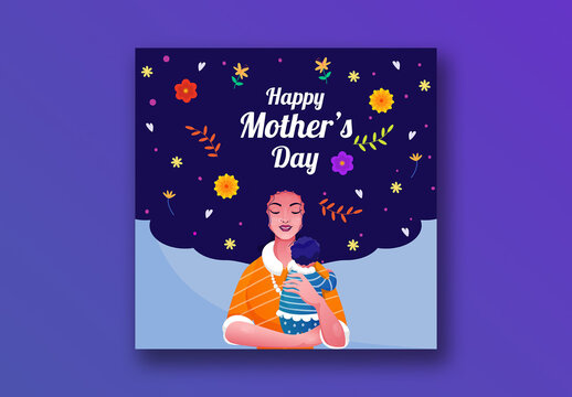Happy Mother&rsquo;s Day Greeting Card with Floral Background and Mother Holding Baby Illustration, Editable Design