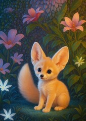 Fototapeta premium Adorable fennec fox amidst flowers.