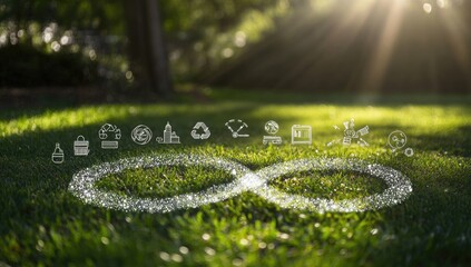 Infinite sustainability concept, drawn in white on a grassy field, with various business and environmental icons. Sunlight streams through trees