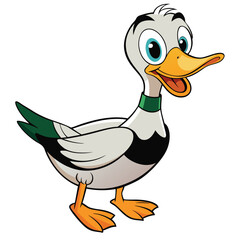 Happy cartoon duck is smiling brightly while standing on its orange feet