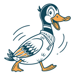 Excited cartoon duck struts forward happily wearing a cool jacket at a fast pace
