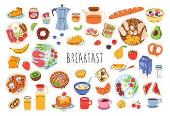 Hand drawn breakfast set with hot drinks, milk, eggs, toasts, bakery, bacon, juice, pancakes, sausage, bread. Healthy morning food and drink. Modern cartoon items, signs for card, scrapbooking, print