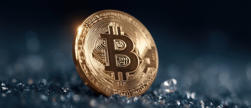 Stunning Golden Bitcoin Coin Surrounded by Sparkling Gems on Dark Surface
