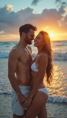 Fototapeta premium Romantic couple embracing at sunset on the beach