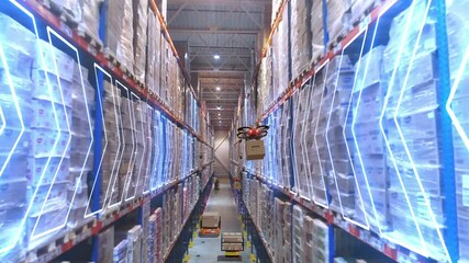 Warehouse drones. Cargo drones working in an automated futuristic warehouse, inside view. Concept of an automated warehouse from the inside. Futuristic Warehouse Concept. - Powered by Adobe