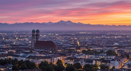 Twilight View of Munich Cityscape with the Alps in the Background"