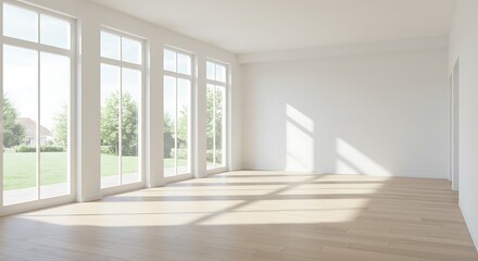 Obraz premium Sunlit Empty Room with Large Windows and Hardwood Floors