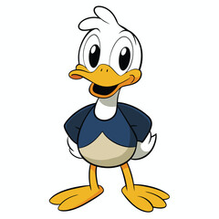 Happy cartoon duck stands smiling with his hands on his hips confidently