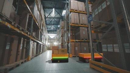 Air cargo drones working in an automated futuristic warehouse, inside view. Concept of an automated warehouse from the inside. Futuristic Warehouse Concept. Warehouse drones - Powered by Adobe