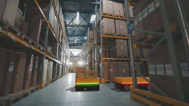 Air cargo drones working in an automated futuristic warehouse, inside view. Concept of an automated warehouse from the inside. Futuristic Warehouse Concept. Warehouse drones