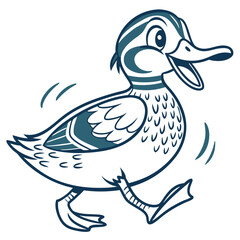 Teal outlined cartoon duck is happily running with implied motion on a white background