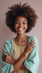 Fototapeta premium Joyful woman with natural hair smiling warmly
