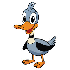 Fototapeta premium Happy cartoon duck with big eyes and orange beak stands smiling at viewer