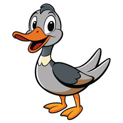 Cheerful cartoon duck stands smiling with orange beak and feet on white background