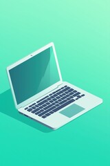 Open laptop. Side view, blue-green palette, tech mood. Digital style, Illustration