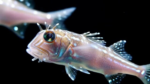 Animated lantern fish swimming dark ocean depths on a black background. Ideal for deep sea, marine life, educational, and underwater-themed motion graphic projects