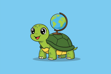 Turtle with World Shell Cartoon Vector Icon Illustration	