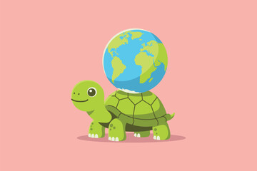 Turtle with World Shell Cartoon Vector Icon Illustration	