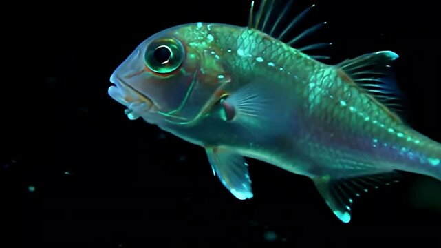 Animated lantern fish swimming dark ocean depths on a black background. Ideal for deep sea, marine life, educational, and underwater-themed motion graphic projects