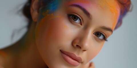 Young caucasian female with colorful face paint and subtle makeup