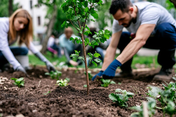 Gardeners working together to plant trees, shrubs, and flowers in a community park during springtime