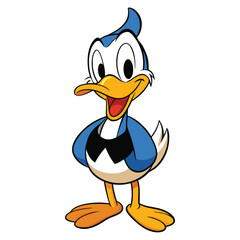 Fototapeta premium Cartoon duck character smiles with a cheerful expression; he stands upright with his feet apart
