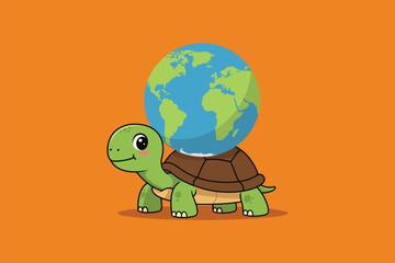 Turtle with World Shell Cartoon Vector Icon Illustration	