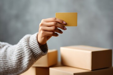 Female hand holding gold card with parcels in background