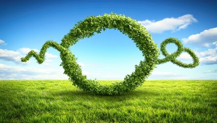 Circular, green plant design on a grassy field, symbolizing nature and sustainability.  A winding, leafy structure forms a ring, suggesting a continuous cycle