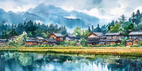 Obraz premium Serene mountain village surrounded by tranquil rice fields in the japanese countryside at dusk