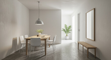 Modern minimalist dining room with wooden table and white chairs